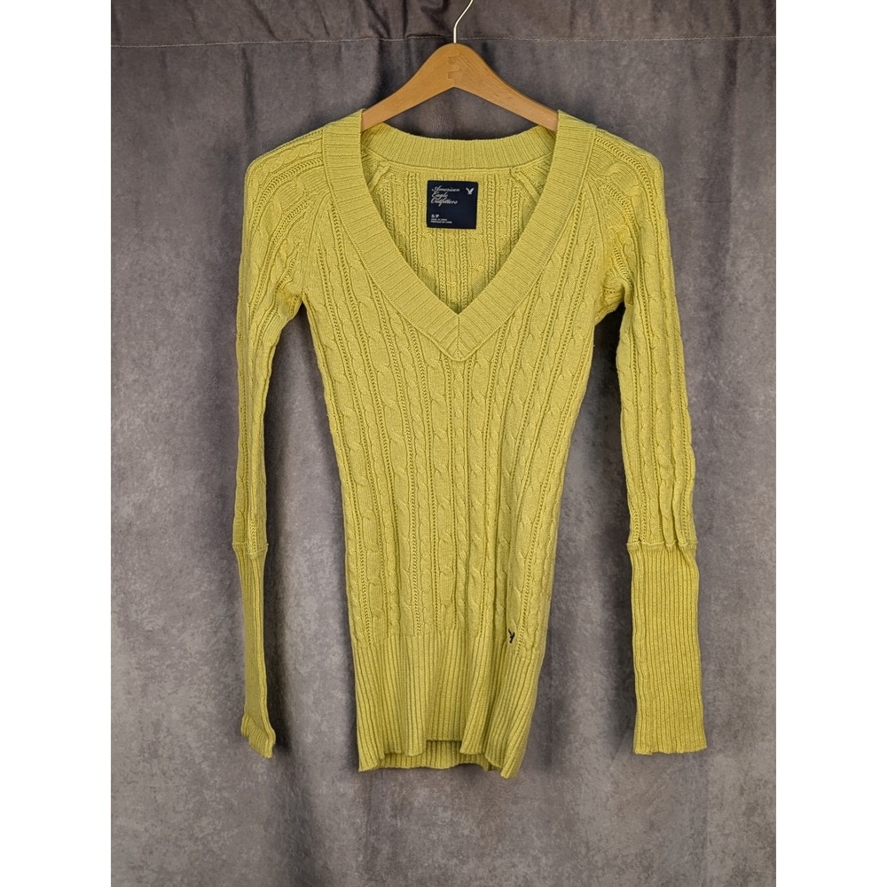 American Eagle Yellow Cable‎ Knit V-Neck Sweater Long Sleeve Womens Small C603